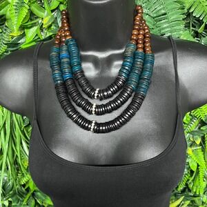 Multi Strand Wood Bead Bib Necklace Brown Teal Black Rhinestone Statement 3788